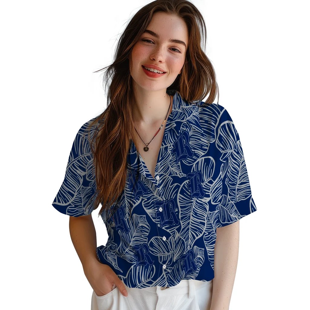 Rice Owls Hawaiian Shirt - Leaf Outline rice owls leaf outline navy blue hawaiian shirts latest model