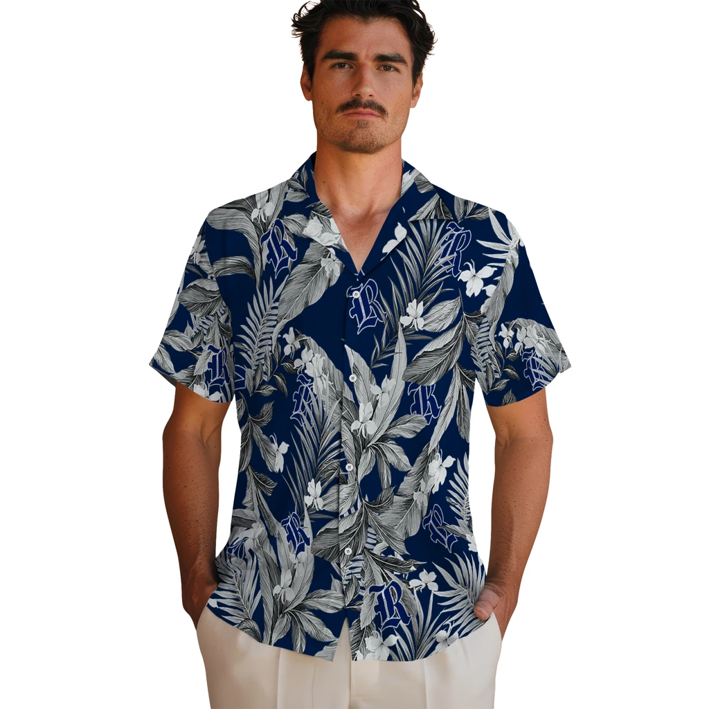 Rice Owls Hawaiian Shirt - Palm Leaves rice owls palm leaves navy blue hawaiian shirts fashion forward