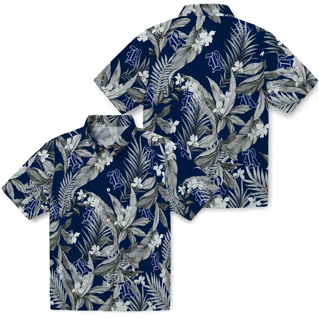 Rice Owls Hawaiian Shirt - Palm Leaves rice owls palm leaves navy blue hawaiian shirts high quality
