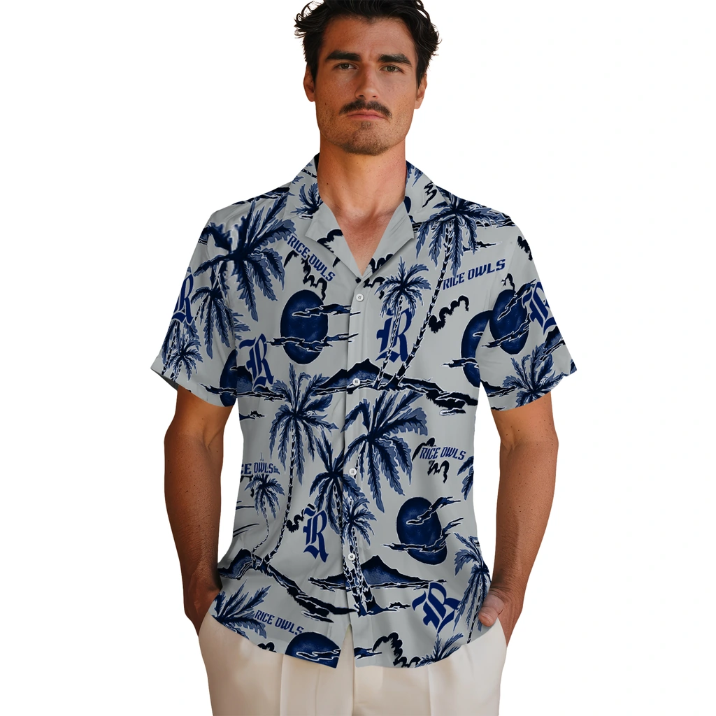 Rice Owls Hawaiian Shirt - Palm Sunset rice owls palm sunset hawaiian shirts fashion forward
