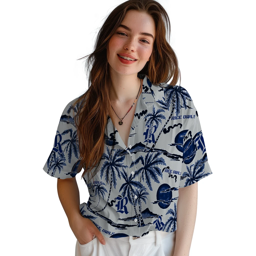 Rice Owls Hawaiian Shirt - Palm Sunset rice owls palm sunset hawaiian shirts latest model