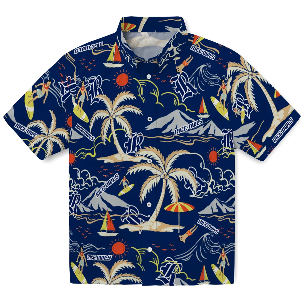 Rice Owls Hawaiian Shirt - Palm Tree Island rice owls palm tree island navy blue hawaiian shirts best selling