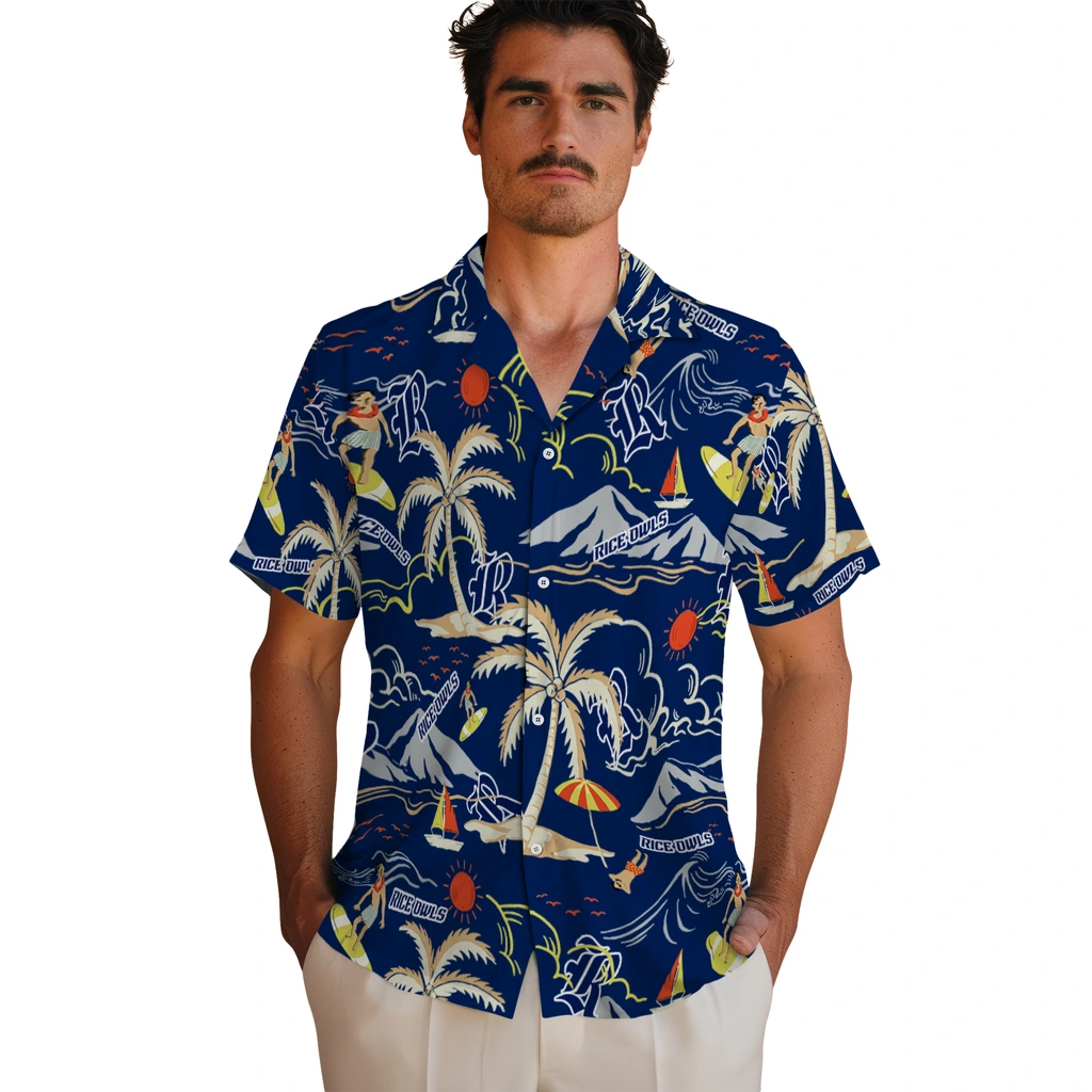 Rice Owls Hawaiian Shirt - Palm Tree Island rice owls palm tree island navy blue hawaiian shirts fashion forward