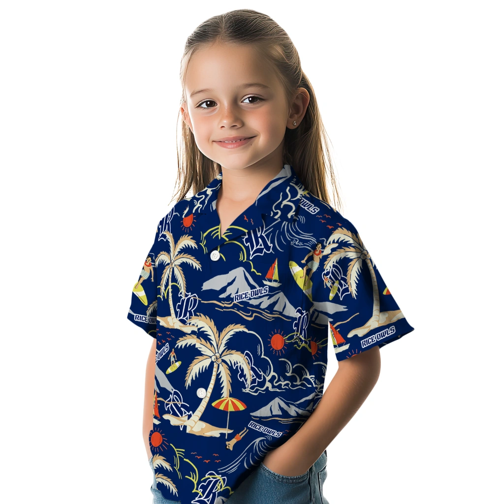 Rice Owls Hawaiian Shirt - Palm Tree Island rice owls palm tree island navy blue hawaiian shirts premium grade