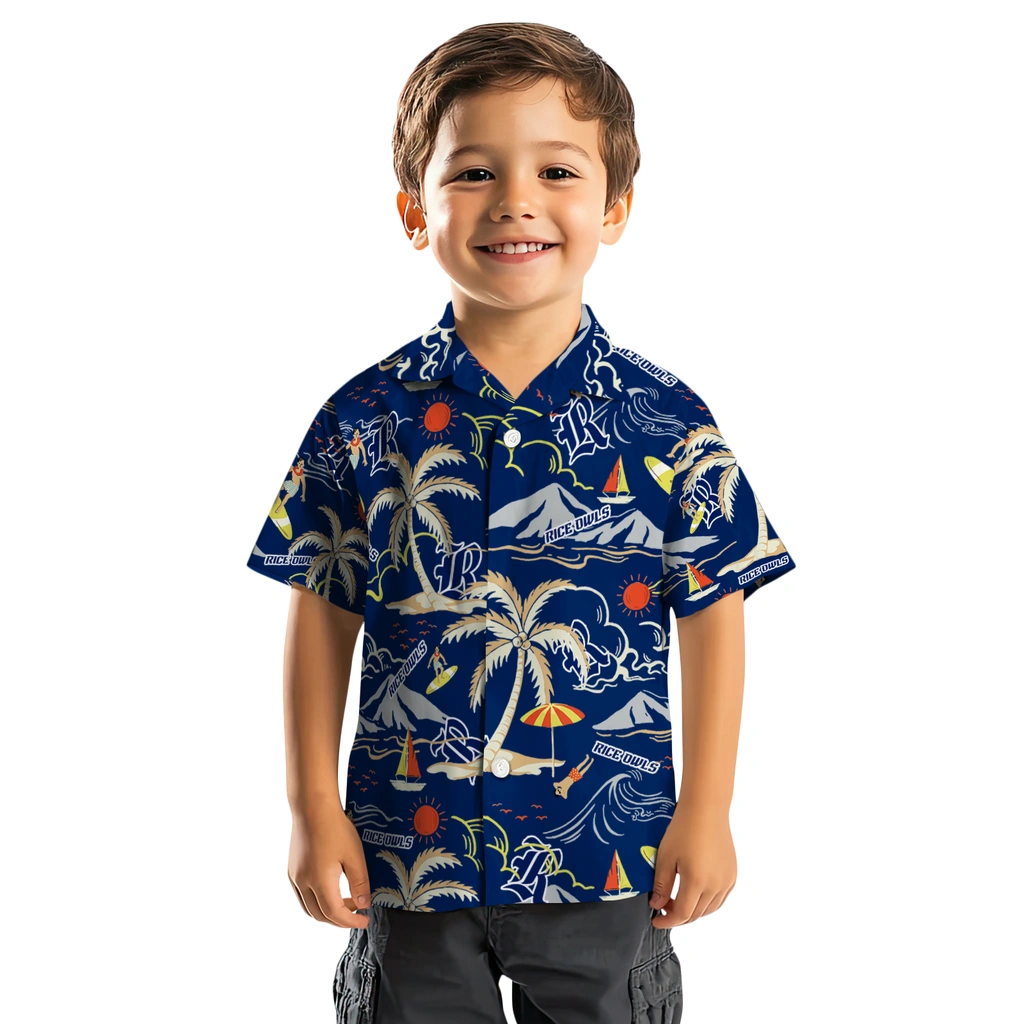 Rice Owls Hawaiian Shirt - Palm Tree Island rice owls palm tree island navy blue hawaiian shirts top rated