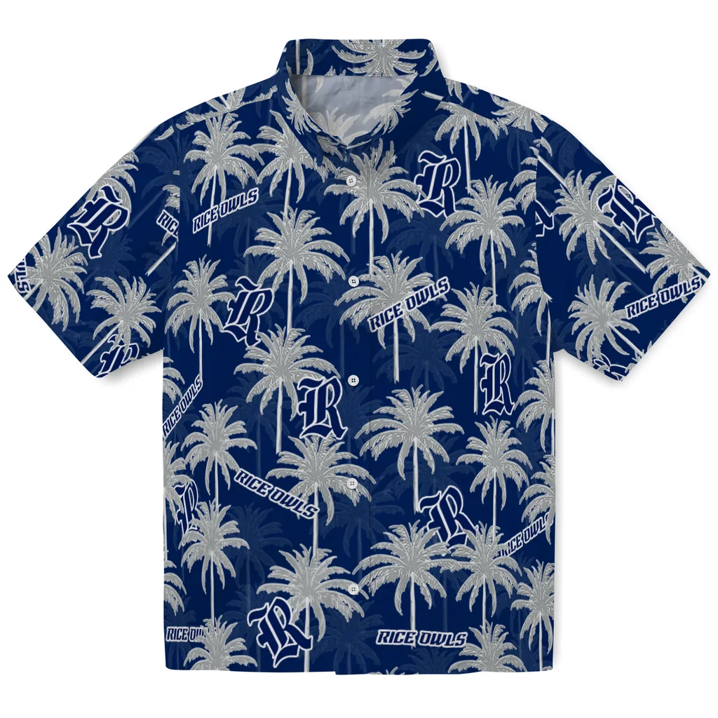 Rice Owls Hawaiian Shirt - Palm Tree Motif rice owls palm grove navy blue hawaiian shirts best selling