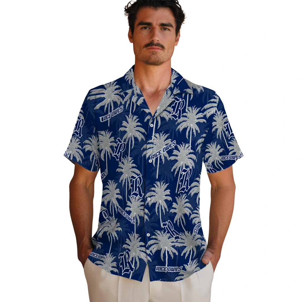 Rice Owls Hawaiian Shirt - Palm Tree Motif rice owls palm grove navy blue hawaiian shirts fashion forward