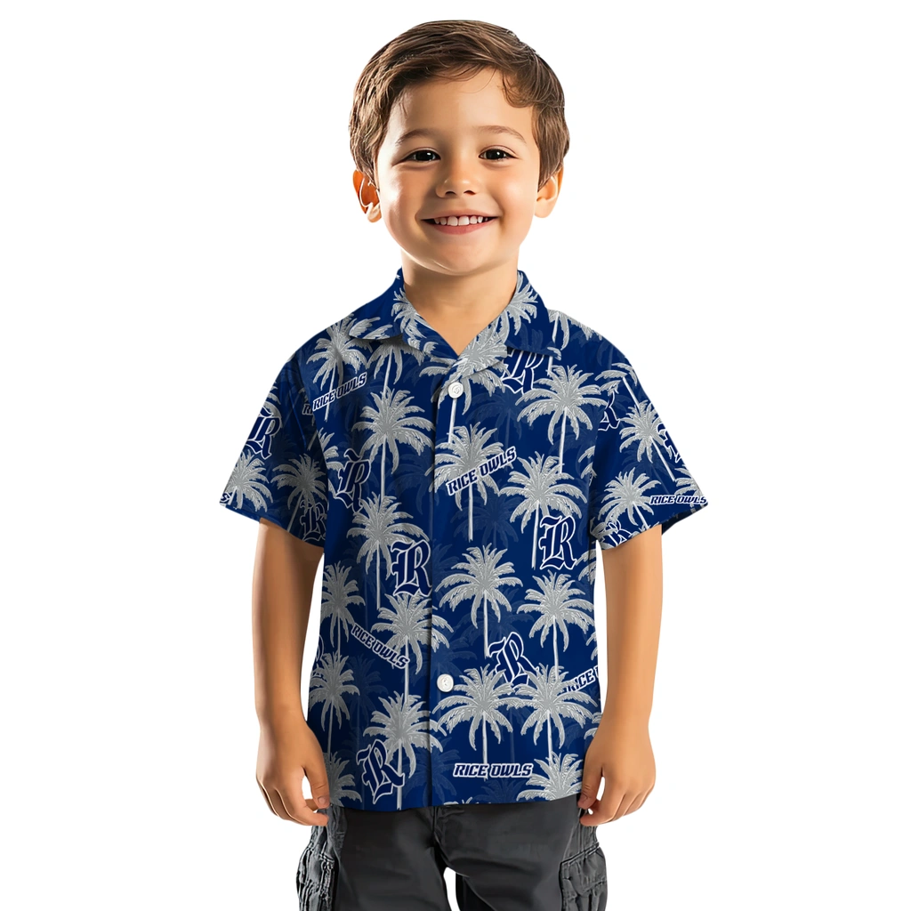 Rice Owls Hawaiian Shirt - Palm Tree Motif rice owls palm grove navy blue hawaiian shirts top rated
