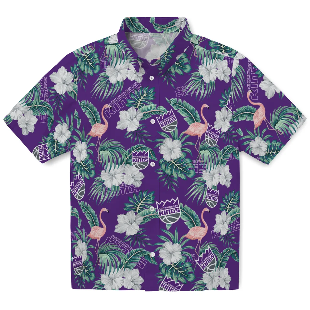 Sacramento Kings Hawaiian Shirt - Flamingo and Hibiscus sacramento kings flamingo palms purple hawaiian shirts best selling