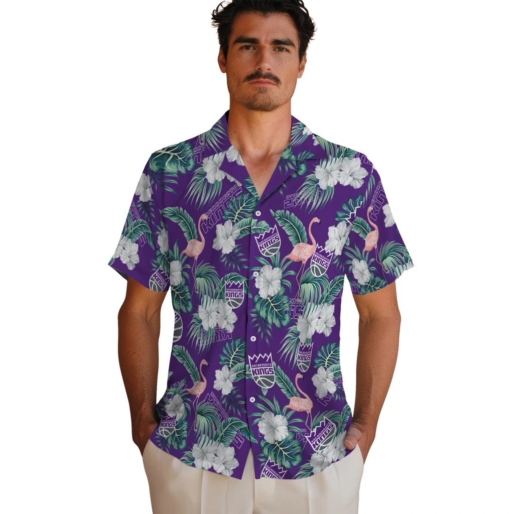 Sacramento Kings Hawaiian Shirt - Flamingo and Hibiscus sacramento kings flamingo palms purple hawaiian shirts fashion forward