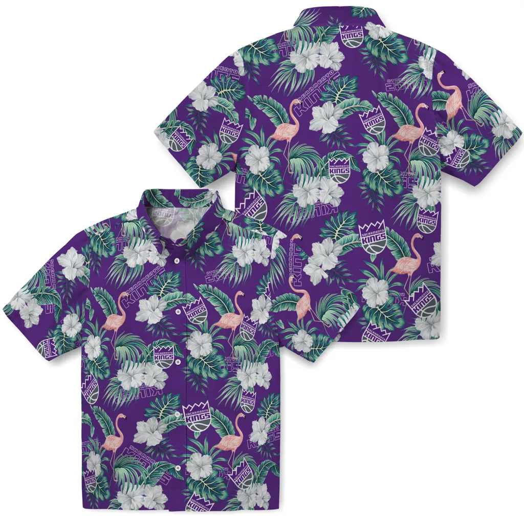 Sacramento Kings Hawaiian Shirt - Flamingo and Hibiscus sacramento kings flamingo palms purple hawaiian shirts high quality