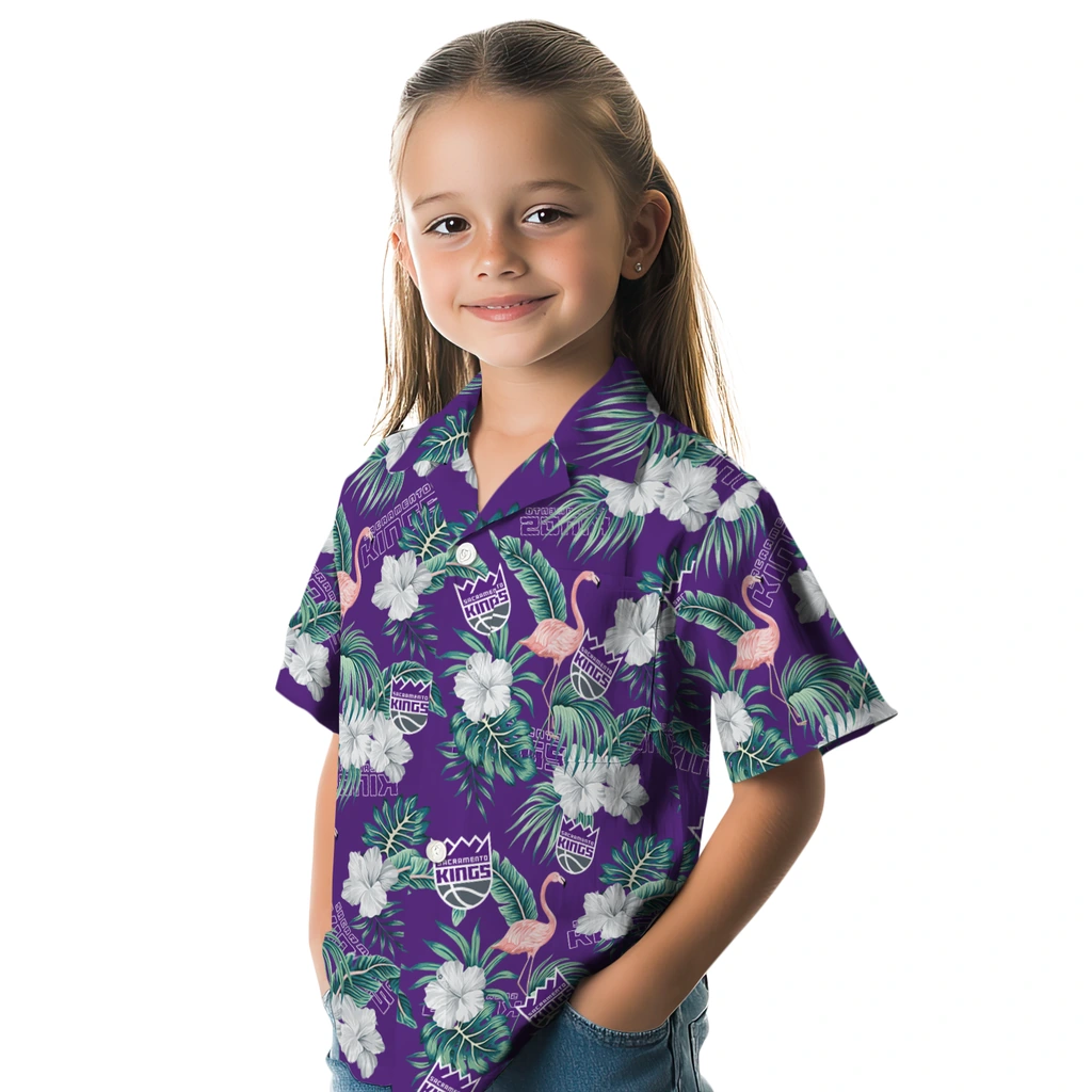 Sacramento Kings Hawaiian Shirt - Flamingo and Hibiscus sacramento kings flamingo palms purple hawaiian shirts premium grade