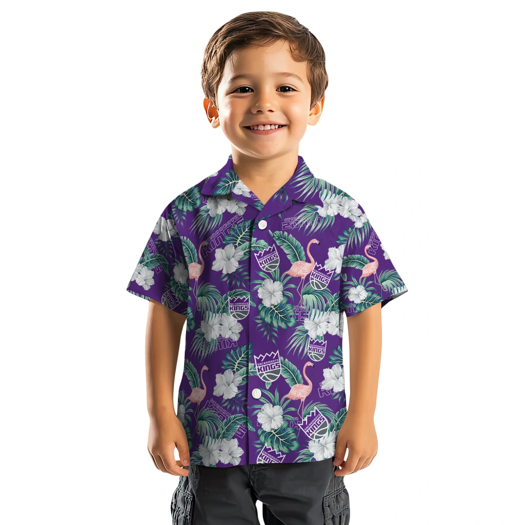 Sacramento Kings Hawaiian Shirt - Flamingo and Hibiscus sacramento kings flamingo palms purple hawaiian shirts top rated