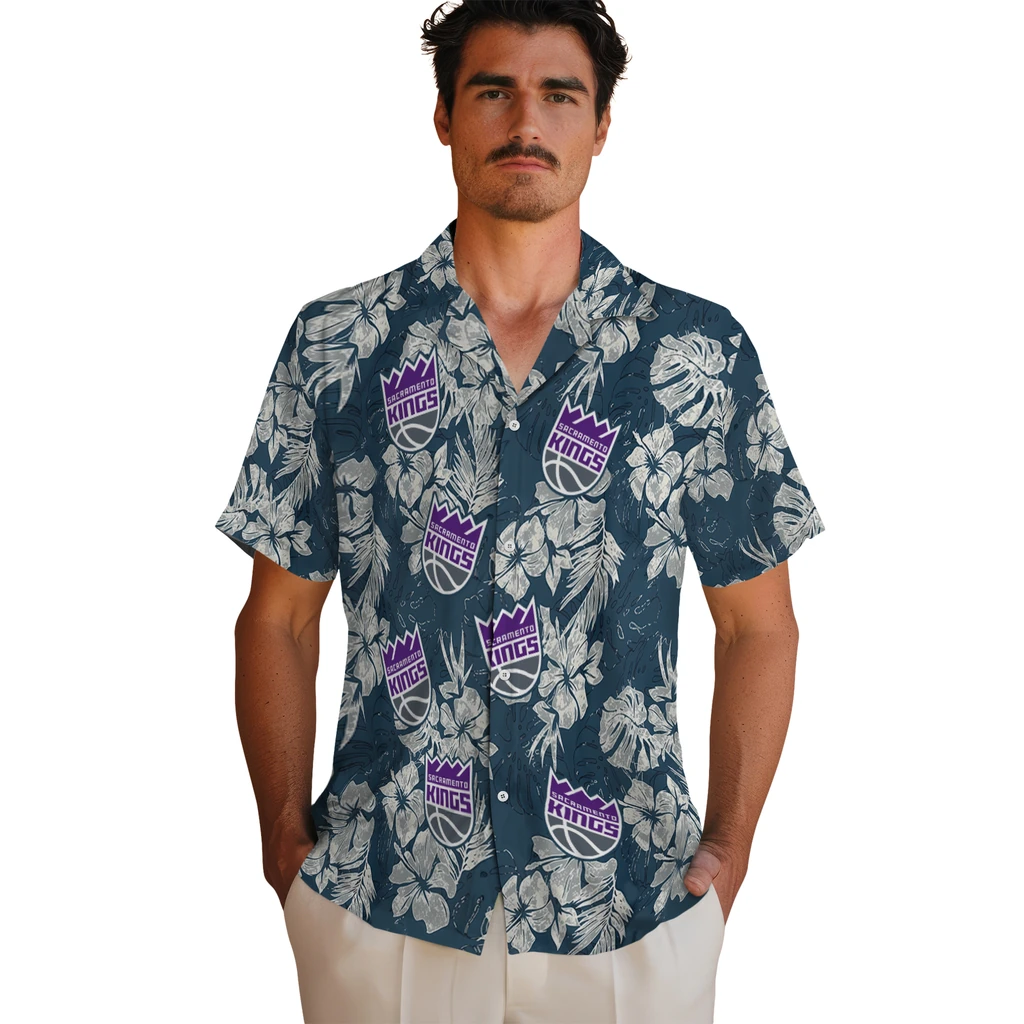Sacramento Kings Hawaiian Shirt - Hibiscus Flowers sacramento kings hibiscus flowers navy blue hawaiian shirts fashion forward