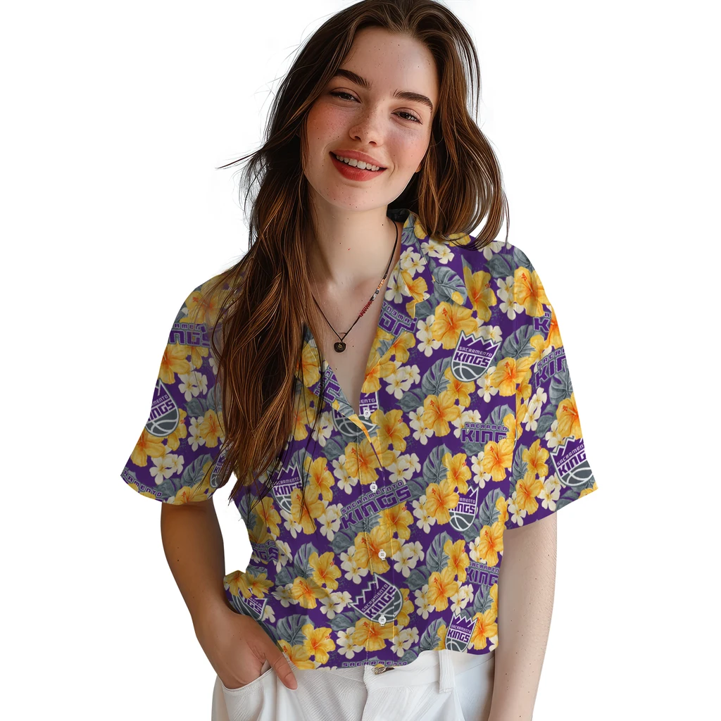 Sacramento Kings Hawaiian Shirt - Hibiscus Tropics sacramento kings hibiscus tropics purple yellow hawaiian shirts latest model