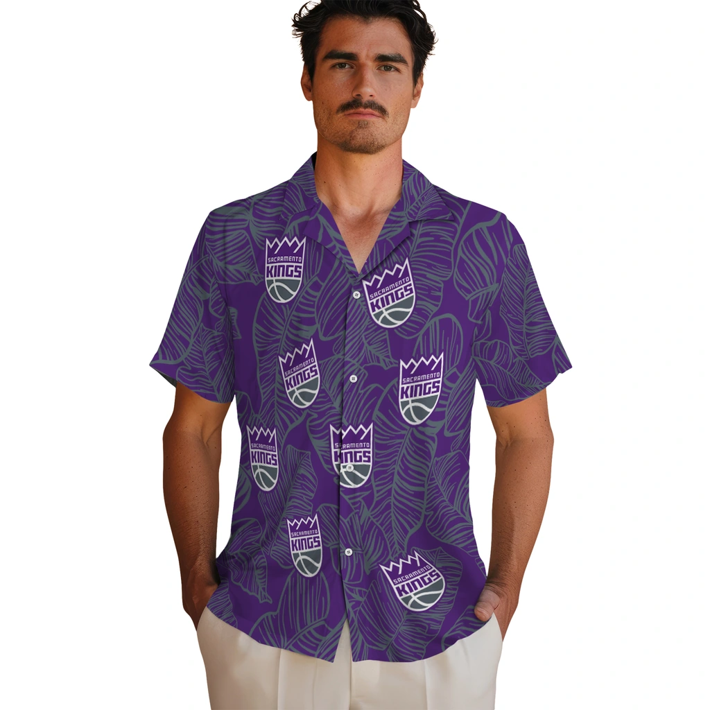 Sacramento Kings Hawaiian Shirt - Leaf Outline sacramento kings leaf outline purple hawaiian shirts fashion forward