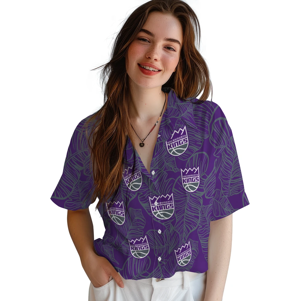 Sacramento Kings Hawaiian Shirt - Leaf Outline sacramento kings leaf outline purple hawaiian shirts latest model