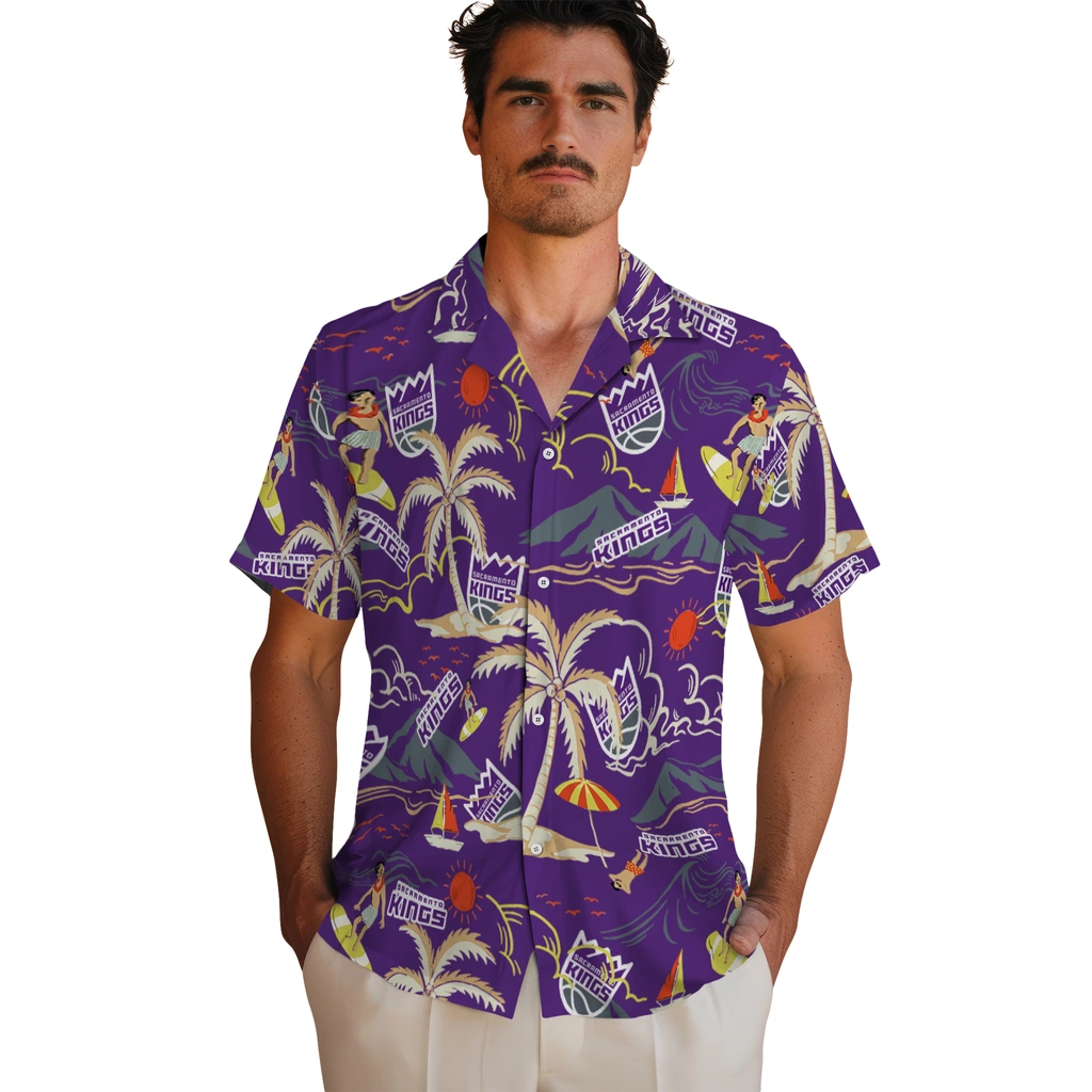 Sacramento Kings Hawaiian Shirt - Palm Tree Island sacramento kings palm tree island purple hawaiian shirts fashion forward