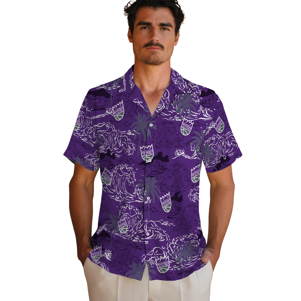 Sacramento Kings Hawaiian Shirt - Wave Palm sacramento kings wave palm purple hawaiian shirts fashion forward