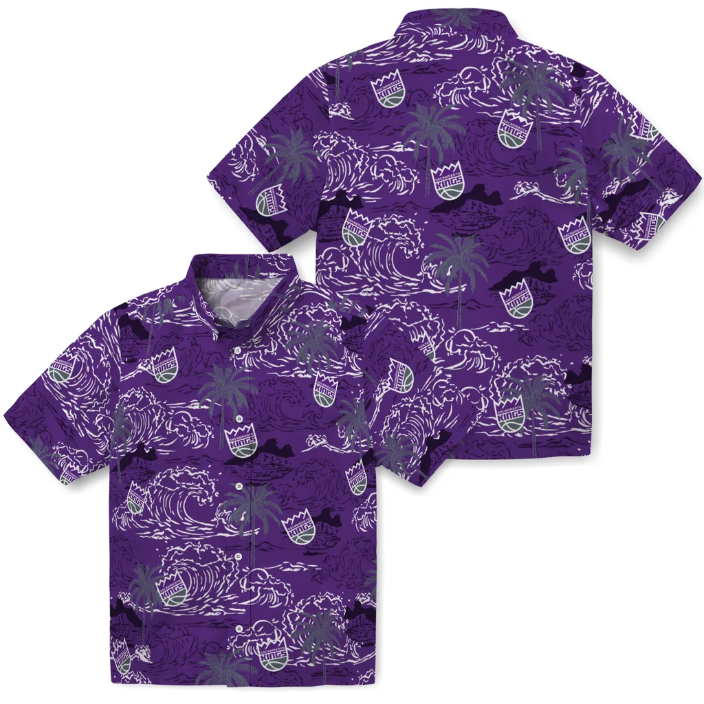 Sacramento Kings Hawaiian Shirt - Wave Palm sacramento kings wave palm purple hawaiian shirts high quality