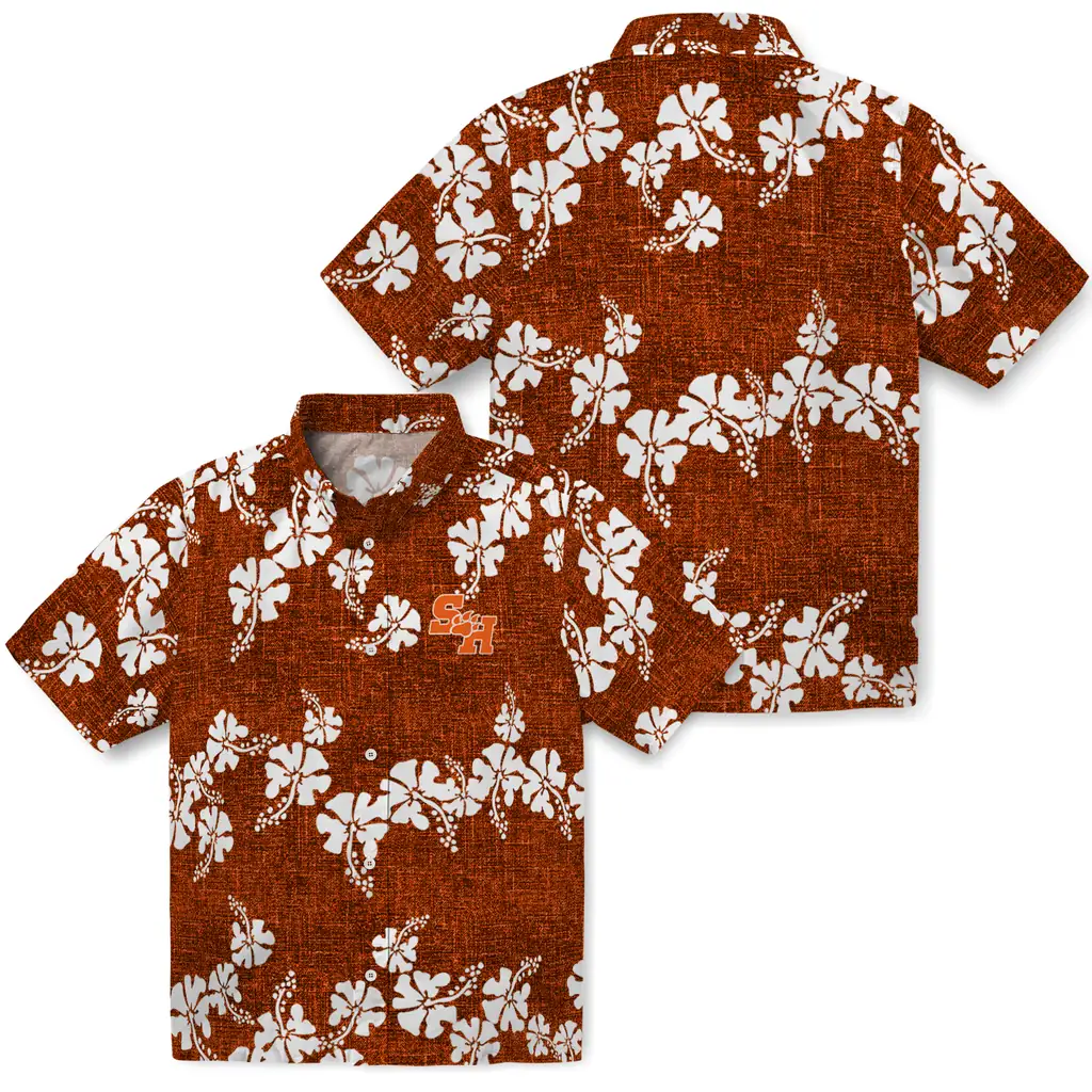 Sam Houston Bearkats Hawaiian Shirt - 50th State Flower sam houston bearkats hibiscus petals orange hawaiian shirts high quality
