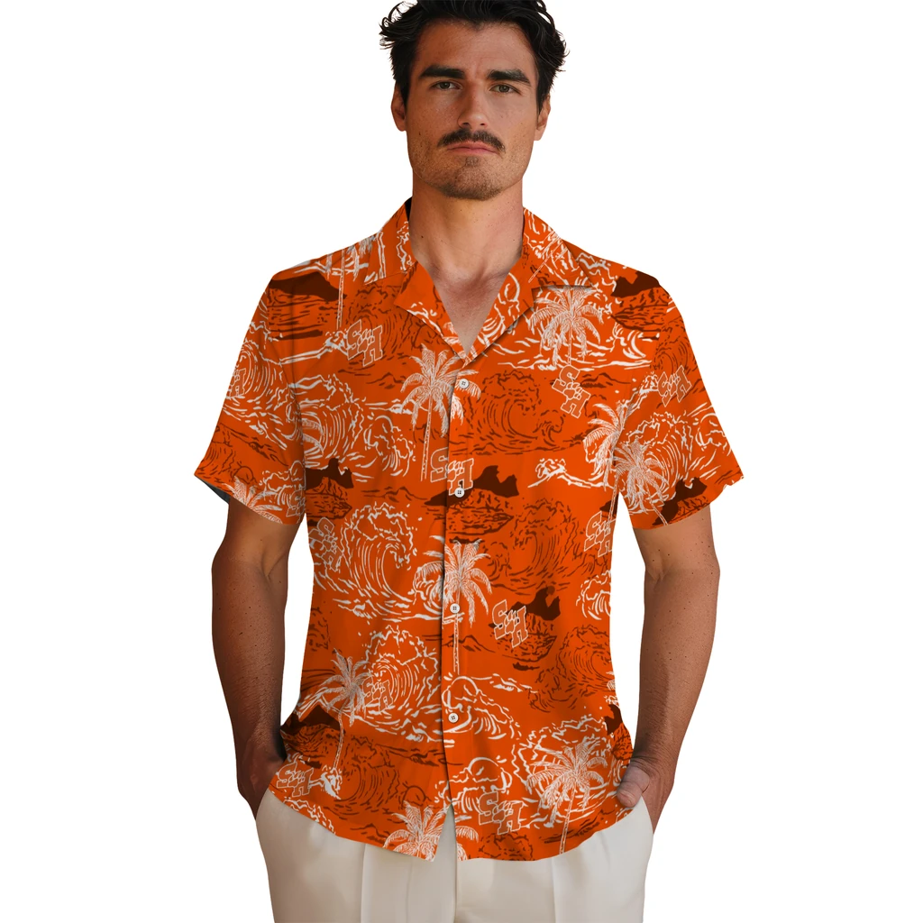 Sam Houston Bearkats Hawaiian Shirt - Wave Palm sam houston bearkats wave palm orange hawaiian shirts fashion forward