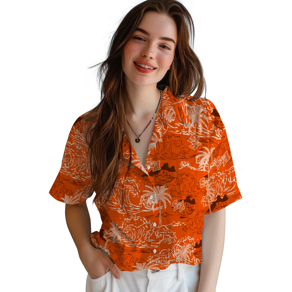 Sam Houston Bearkats Hawaiian Shirt - Wave Palm sam houston bearkats wave palm orange hawaiian shirts latest model