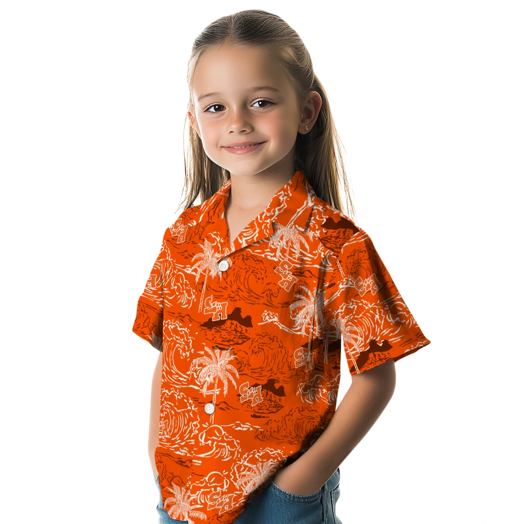 Sam Houston Bearkats Hawaiian Shirt - Wave Palm sam houston bearkats wave palm orange hawaiian shirts premium grade