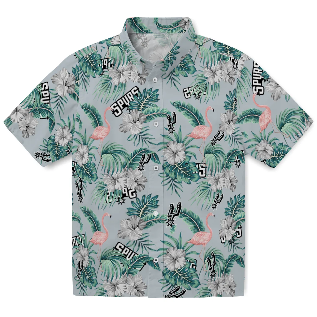 San Antonio Spurs Hawaiian Shirt - Flamingo and Hibiscus san antonio spurs flamingo palms silver hawaiian shirts best selling
