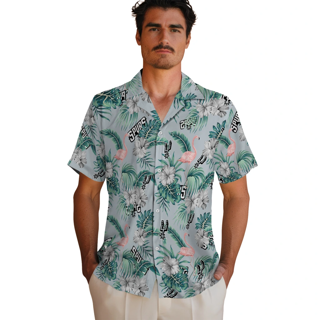 San Antonio Spurs Hawaiian Shirt - Flamingo and Hibiscus san antonio spurs flamingo palms silver hawaiian shirts fashion forward