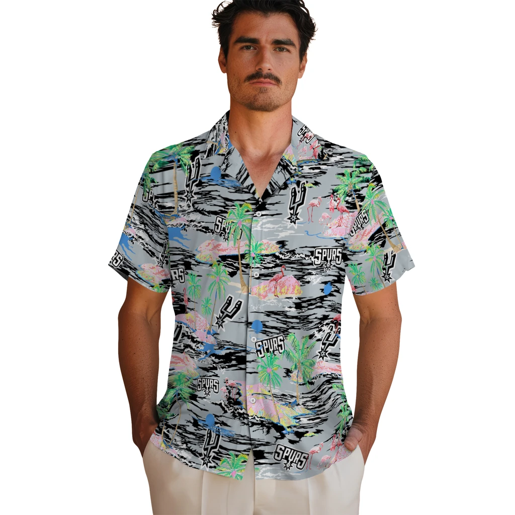 San Antonio Spurs Hawaiian Shirt - Hawaii Island san antonio spurs flamingo retreat silver hawaiian shirts fashion forward