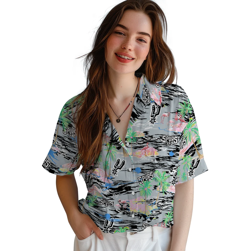 San Antonio Spurs Hawaiian Shirt - Hawaii Island san antonio spurs flamingo retreat silver hawaiian shirts latest model