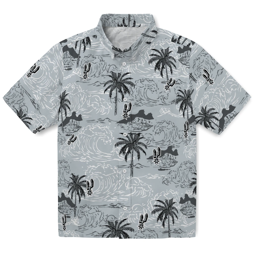 San Antonio Spurs Hawaiian Shirt - Wave Palm san antonio spurs wave palm silver hawaiian shirts best selling