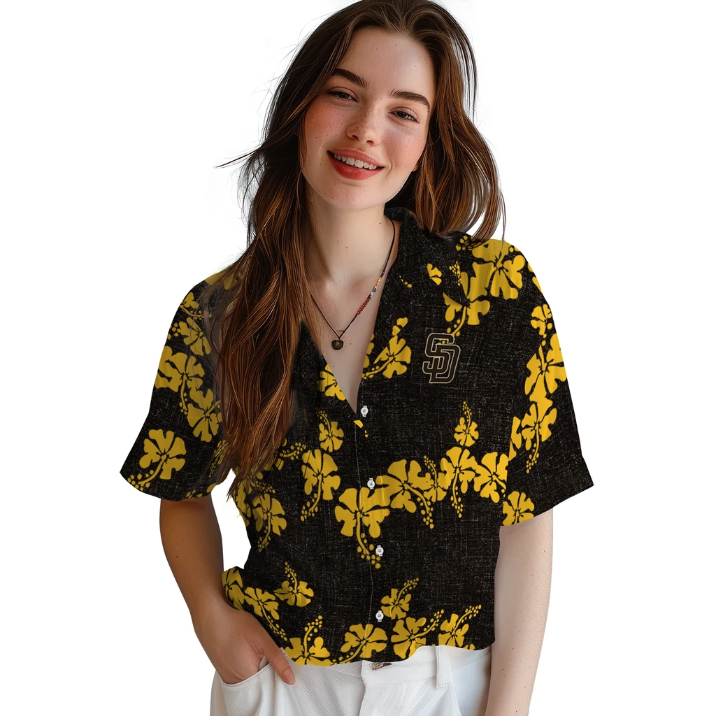 San Diego Padres Hawaiian Shirt - 50th State Flower san diego padres hibiscus petals brown hawaiian shirts latest model