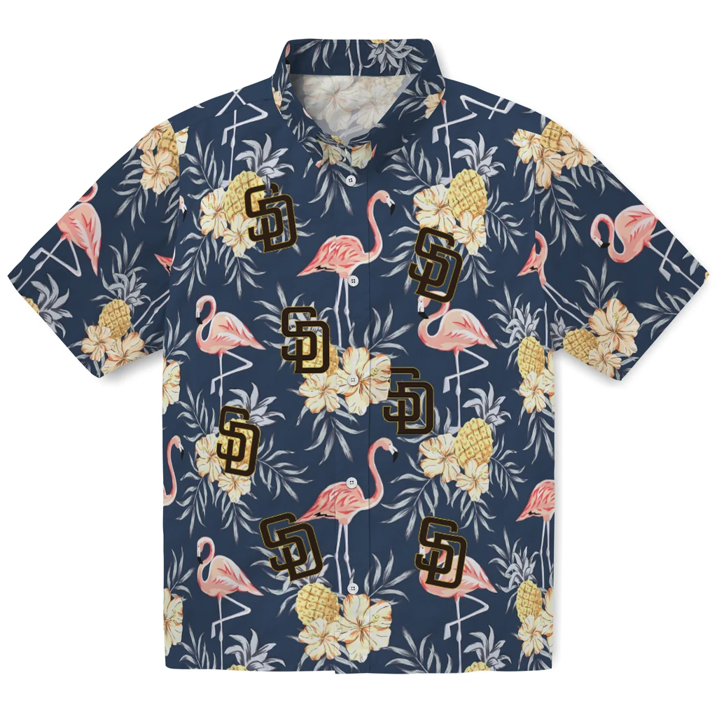 San Diego Padres Hawaiian Shirt - Flamingo Hibiscus san diego padres flamingo hibiscus navy hawaiian shirts best selling