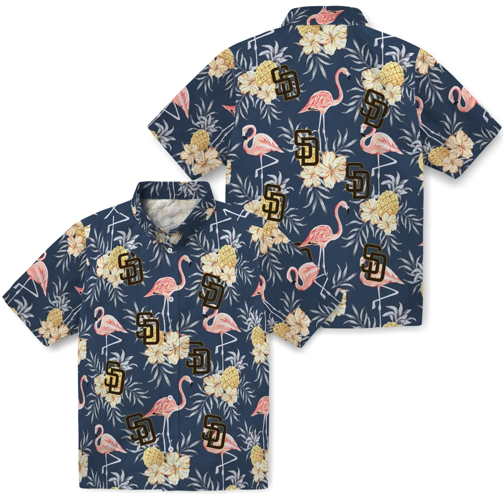 San Diego Padres Hawaiian Shirt - Flamingo Hibiscus san diego padres flamingo hibiscus navy hawaiian shirts high quality