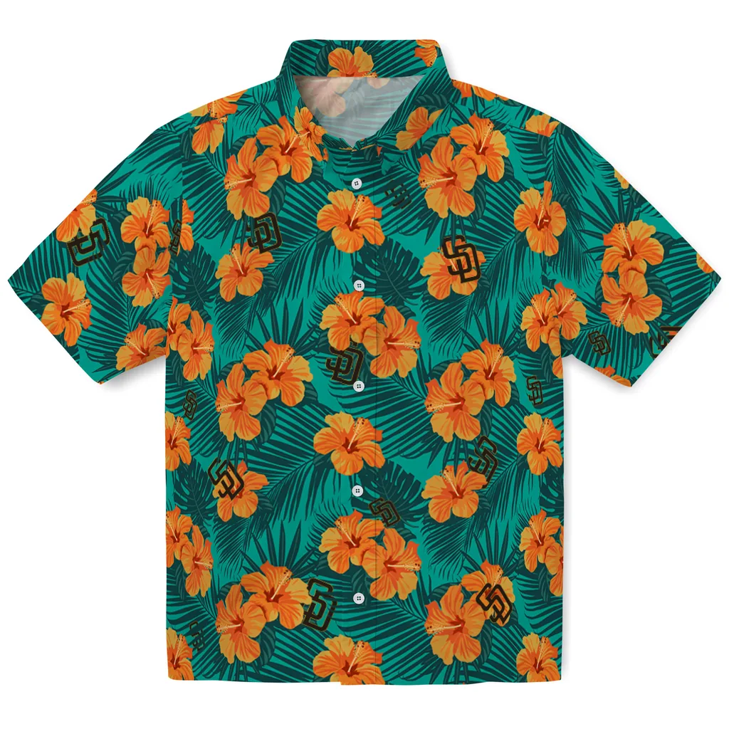 San Diego Padres Hawaiian Shirt - Hibiscus and Palm Leaves san diego padres hibiscus escape green hawaiian shirts best selling