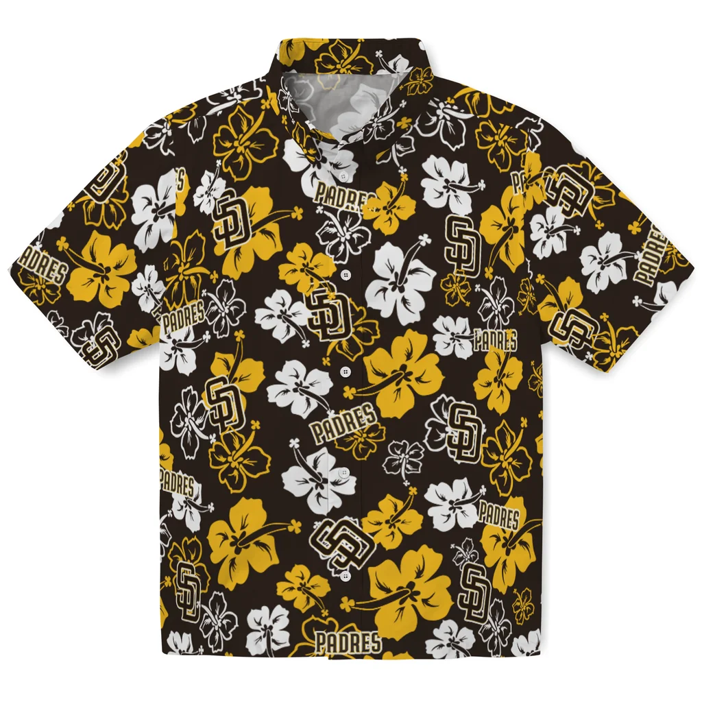 San Diego Padres Hawaiian Shirt - Hibiscus Flower Design san diego padres hibiscus bloom brown hawaiian shirts best selling
