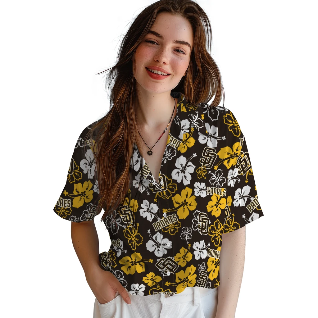 San Diego Padres Hawaiian Shirt - Hibiscus Flower Design san diego padres hibiscus bloom brown hawaiian shirts latest model