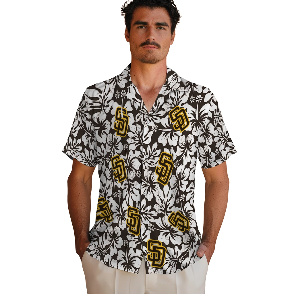 San Diego Padres Hawaiian Shirt - Hibiscus Motif san diego padres hibiscus motif brown white hawaiian shirts fashion forward