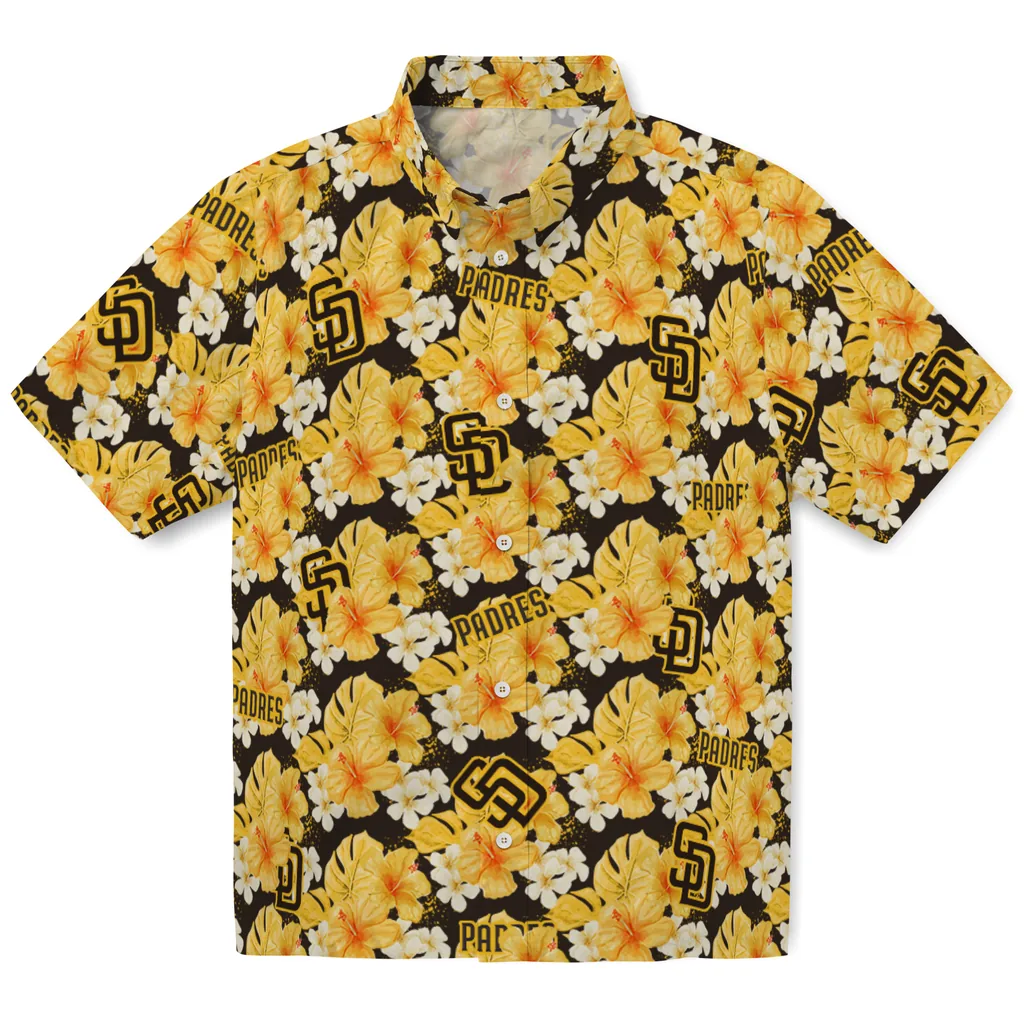 San Diego Padres Hawaiian Shirt - Hibiscus Tropics san diego padres hibiscus tropics brown yellow hawaiian shirts best selling