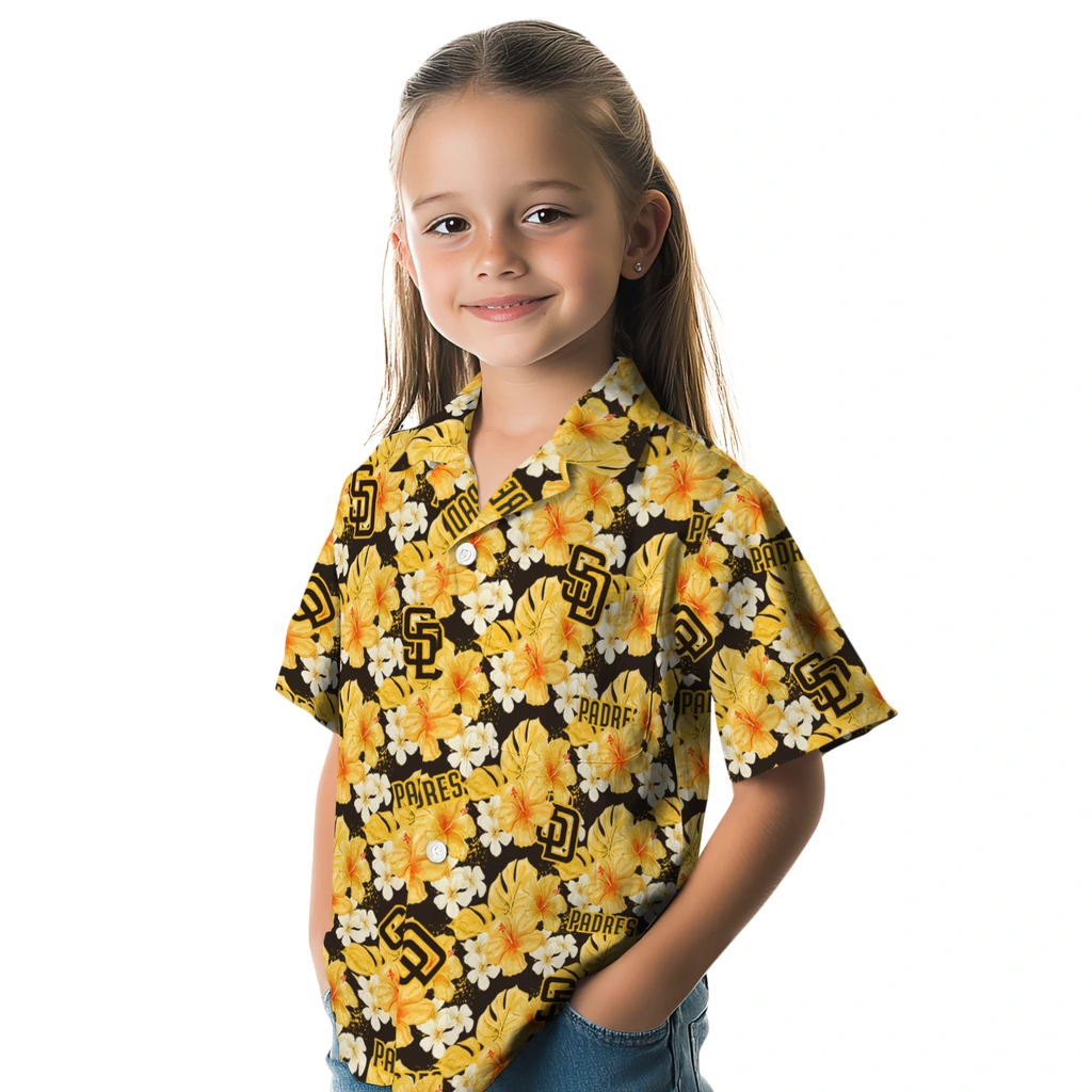 San Diego Padres Hawaiian Shirt - Hibiscus Tropics san diego padres hibiscus tropics brown yellow hawaiian shirts premium grade