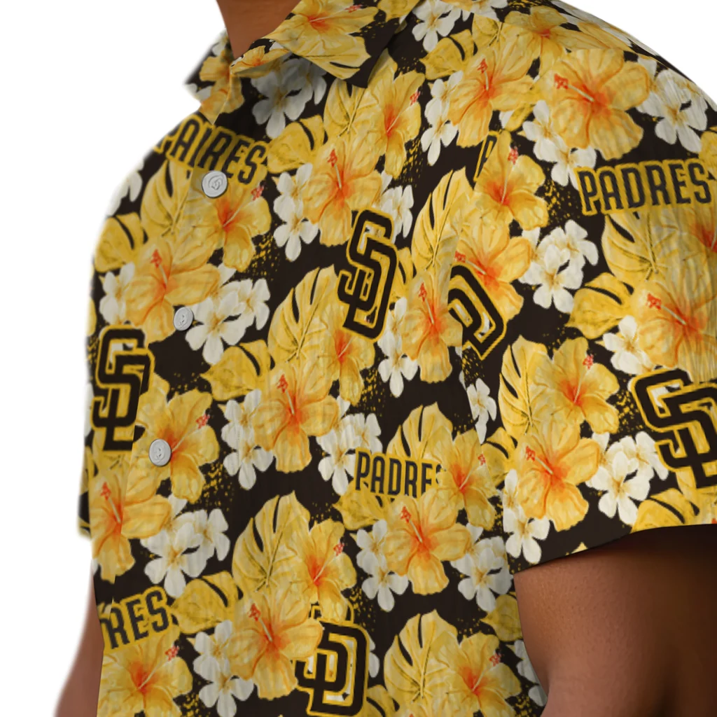 San Diego Padres Hawaiian Shirt - Hibiscus Tropics san diego padres hibiscus tropics brown yellow hawaiian shirts trendy