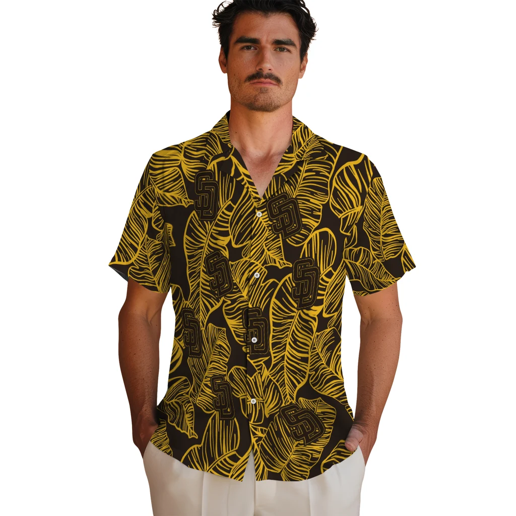 San Diego Padres Hawaiian Shirt - Leaf Outline san diego padres leaf outline brown hawaiian shirts fashion forward
