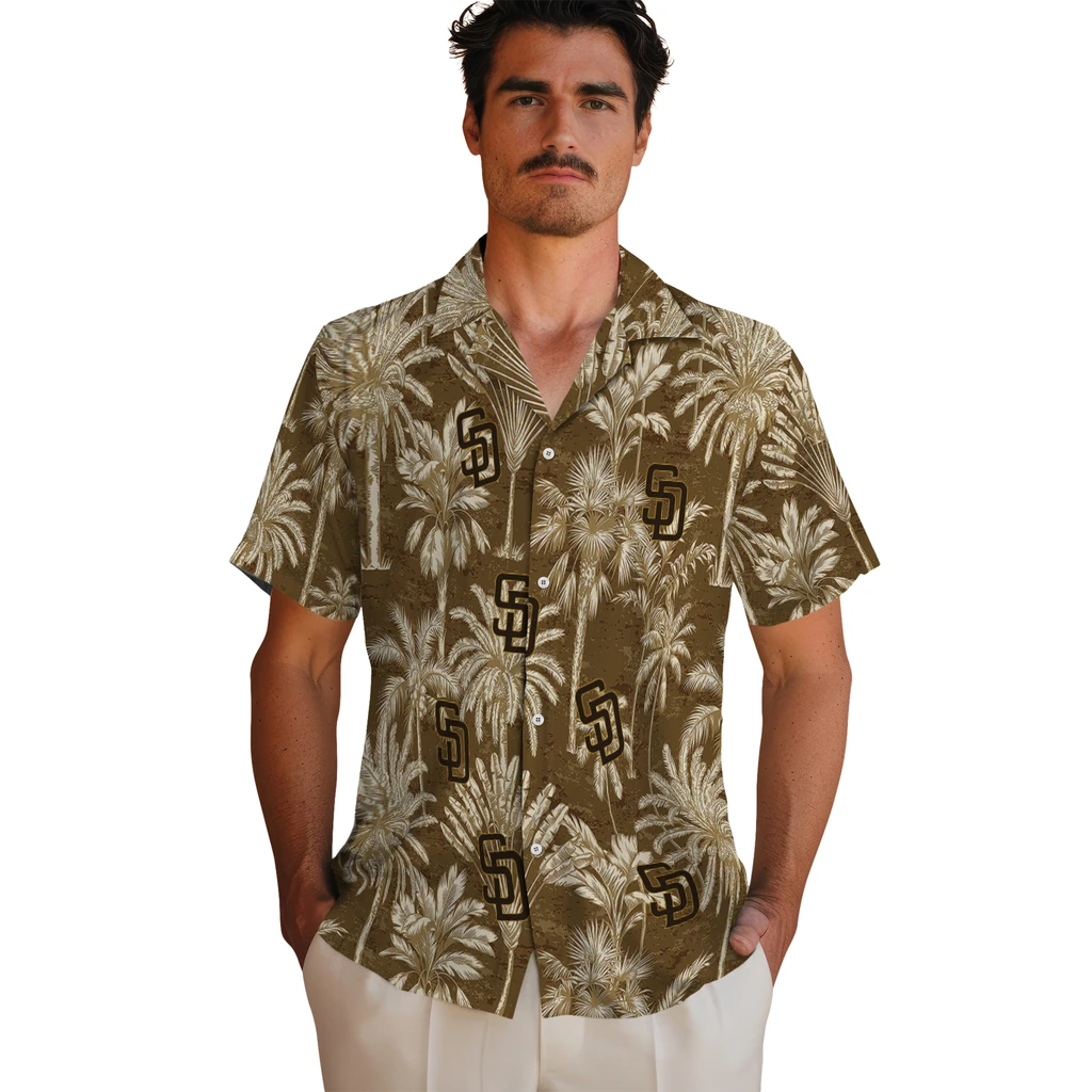 San Diego Padres Hawaiian Shirt - Vintage Palm Tree san diego padres palm shadows brown hawaiian shirts fashion forward