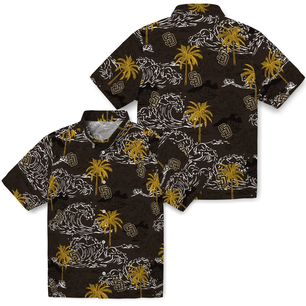 San Diego Padres Hawaiian Shirt - Wave Palm san diego padres wave palm brown hawaiian shirts high quality