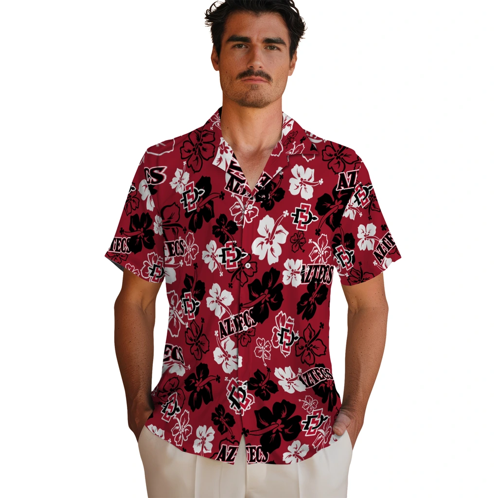 San Diego State Aztecs Hawaiian Shirt - Hibiscus Flower Design san diego state aztecs hibiscus bloom red hawaiian shirts fashion forward