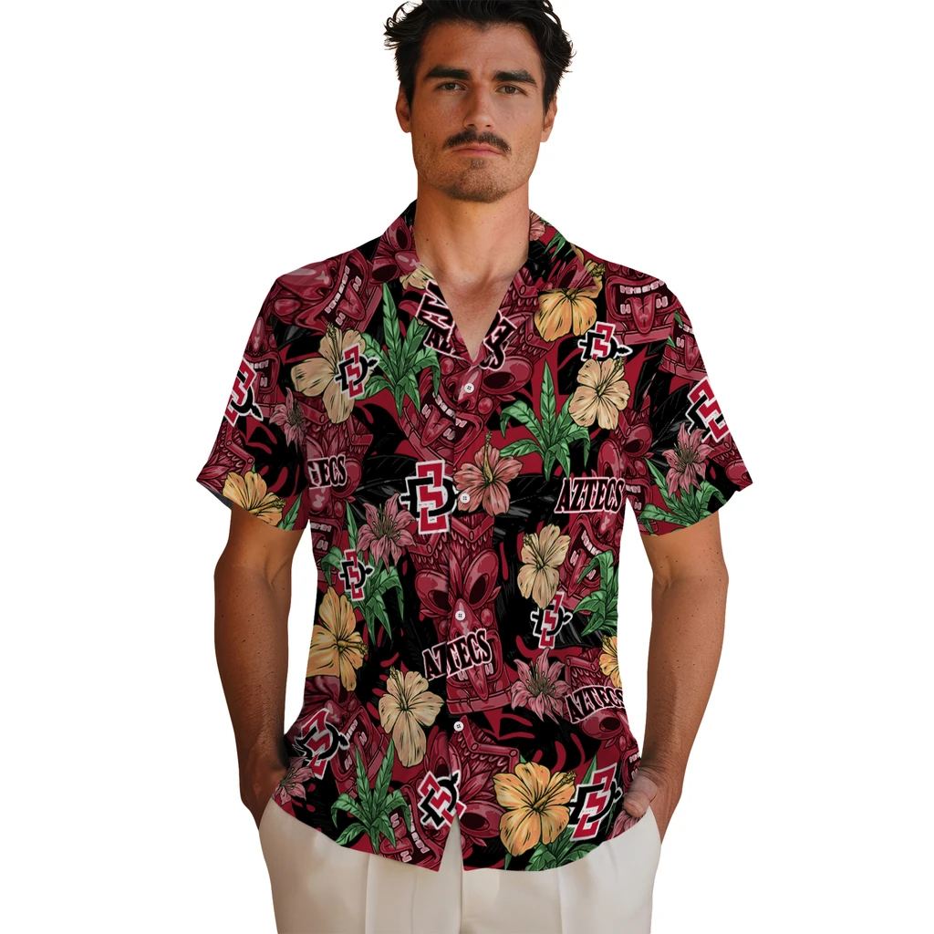 San Diego State Aztecs Hawaiian Shirt - Hibiscus Tiki Jungle san diego state aztecs tiki jungle red hawaiian shirts fashion forward