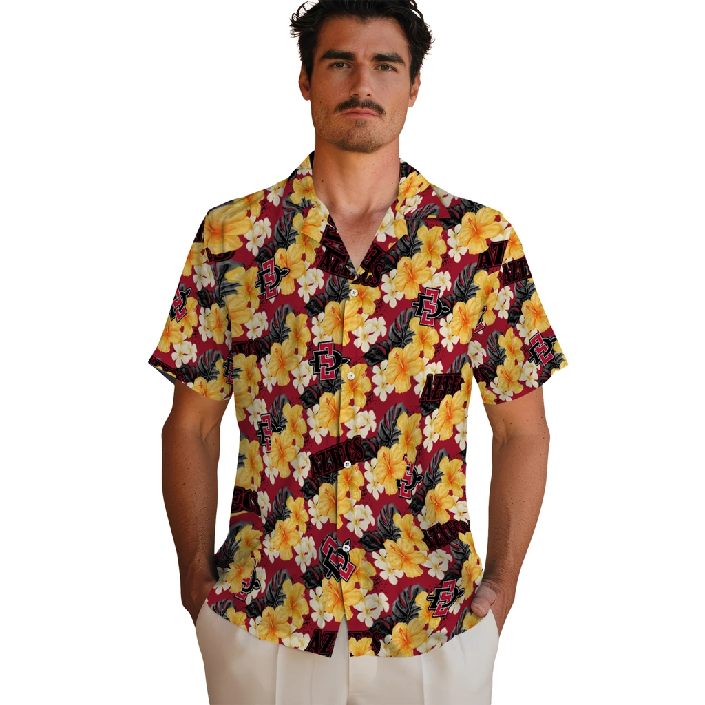 San Diego State Aztecs Hawaiian Shirt - Hibiscus Tropics san diego state aztecs hibiscus tropics red yellow hawaiian shirts fashion forward
