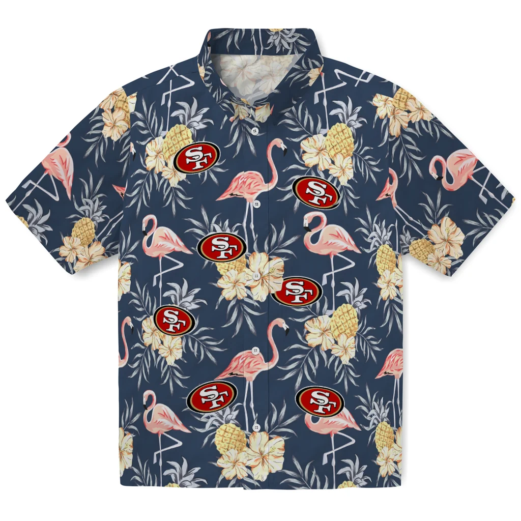 San Francisco 49ers Hawaiian Shirt - Flamingo Hibiscus san francisco 49ers flamingo hibiscus navy hawaiian shirts best selling